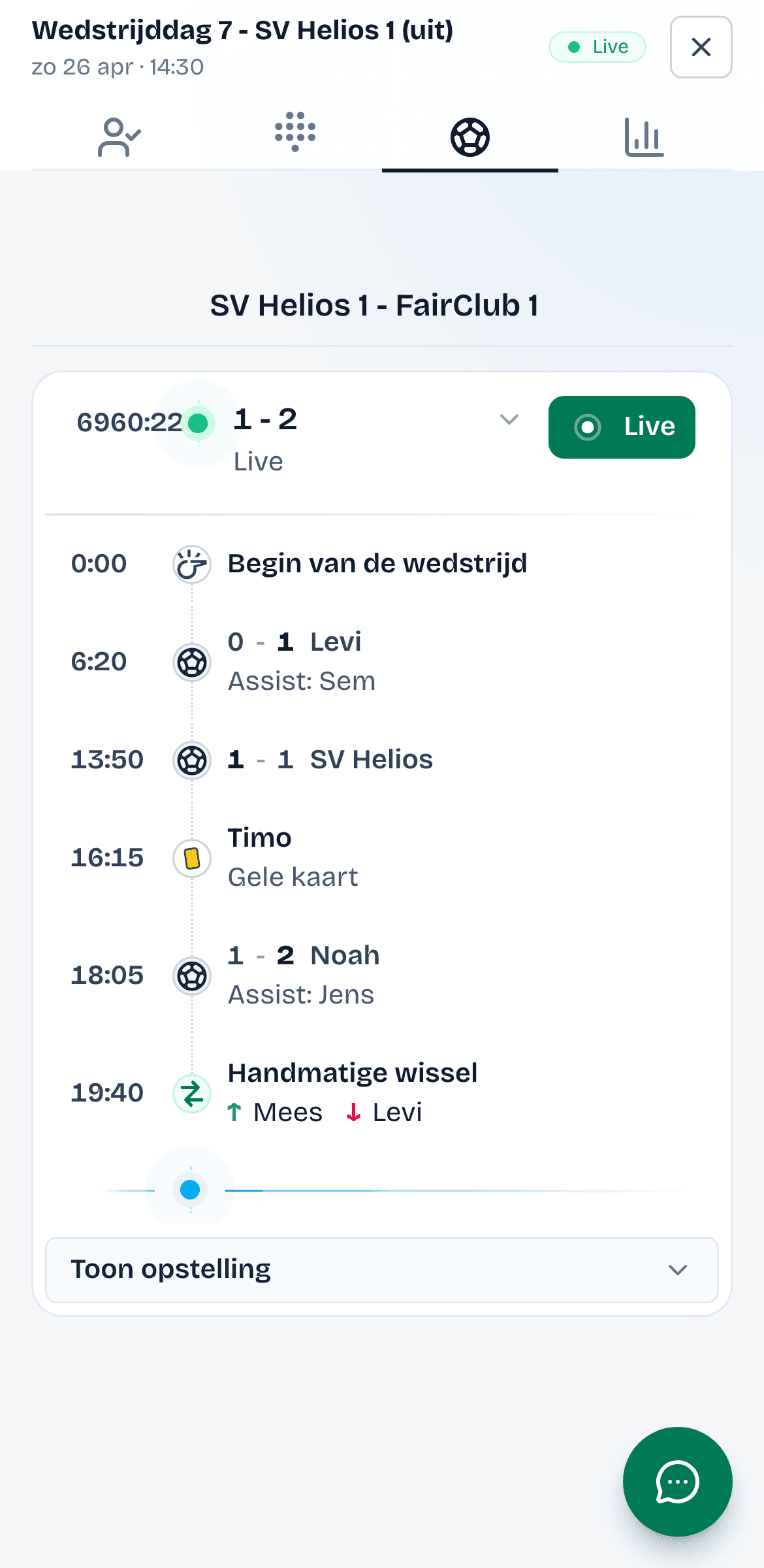 Mobiele wedstrijddag met live tijdlijn, score 1-2, wedstrijdmomenten, wissel en rustmoment.