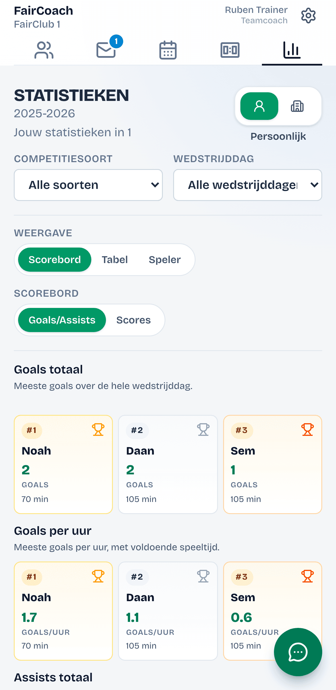Mobiele statistiekenpagina met alle wedstrijden geselecteerd en spelersstatistieken.